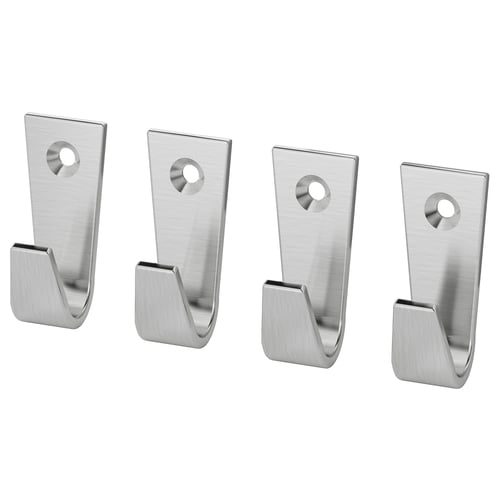 Four silver BLECKA hooks, rectangular with curved ends, arranged in a row. Made of zinc and nickel-plated. Perfect for hanging items.