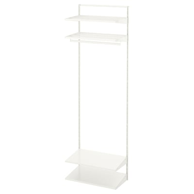 A white BOAXEL storage system with shelves and hanging rod, ideal for organising clothing.