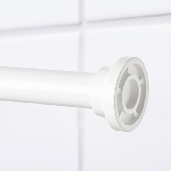 White shower curtain rod close-up, showing robust plastic cap and metal rod, highlighting durability and quality.