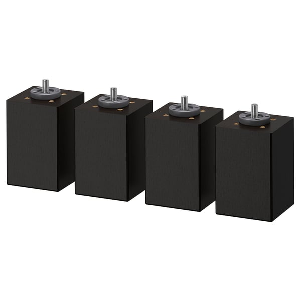 Four black wooden furniture legs with adjustable feet for stability.