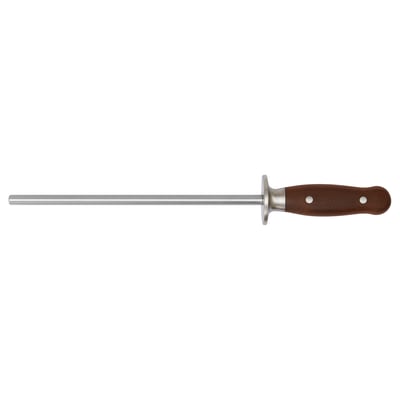 BRILJERA knife sharpener: long silver rod, round wooden handle, stainless steel accents, essential kitchen tool.