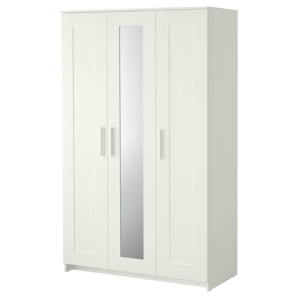 White BRIMNES wardrobe with mirrored door, panel design, adjustable shelves for space-saving storage.
