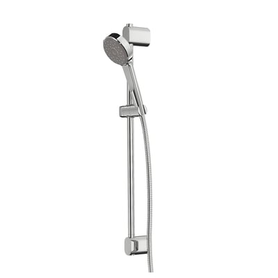 Image shows BROGRUND chrome shower riser rail and handheld shower with full spray. Modern, adjustable design.