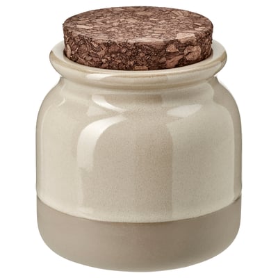 BRUGDHAJ jar: beige, cylindrical, rustic stoneware with cork lid.