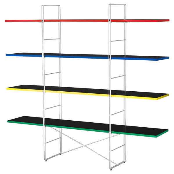 BYAKORRE multi-color shelf, modern design, 4-tier metal, red, blue, yellow, and green shelves, adjustable feet.