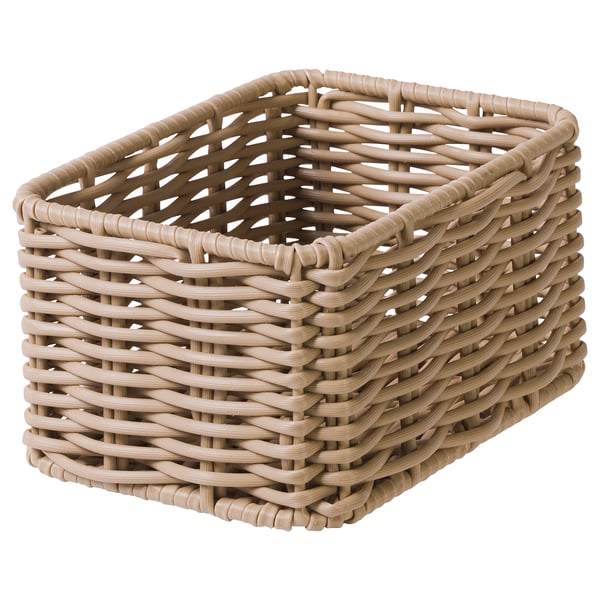 Wicker-style storage basket, beige, rectangular, woven design.