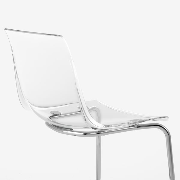 Modern clear plastic chair with chrome legs. Sleek design, sturdy build.