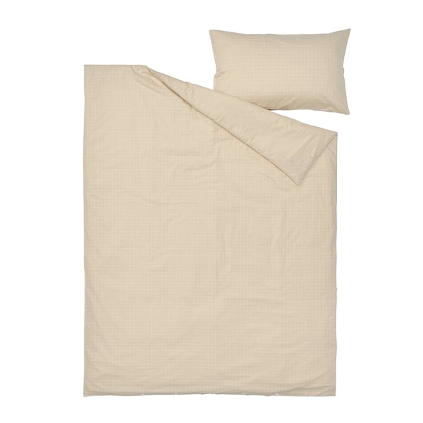 DOFTAKLEJA beige duvet cover & pillowcase, 100% cotton, check & stripe pattern, rectangle shape, with corner holes & pockets.
