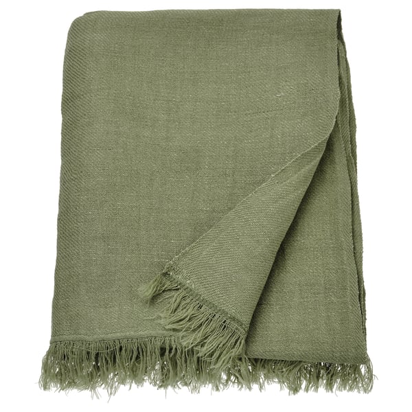 Green DYTÅG throw, fringe ends, soft linen-cotton blend.