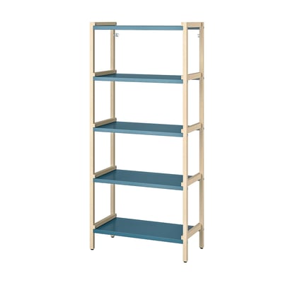 Blue and beige metal and wood shelving unit with four levels of storage; sleek, modern design for versatile use.