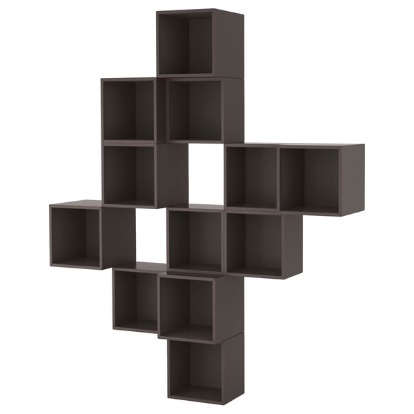 Dark grey modular wall shelves; interconnected cube shapes.