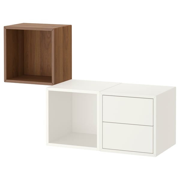 Two modern storage cubes: one brown, one white. Square shape, open style and drawers, mounted on wall.