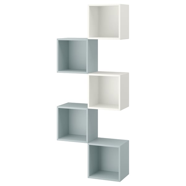 Ikea EKET wall-mounted cube storage in blue and white squares, modern design.