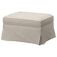 An EKTORP footstool in beige with a rectangular shape and pleated design, covered in kilanda fabric made from recycled polyester.