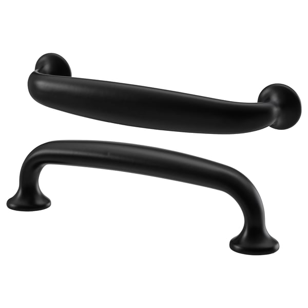 Two black cabinet handles, sleek and curved, with a modern traditional design, made of aluminium with powder coating.