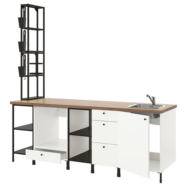 ENHET kitchen set: white cabinets, light wood top, black accents. Includes sink, shelves, and storage.