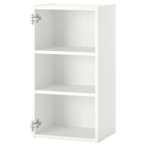 A white ENHET wall cabinet with two open shelves and metal hinges.