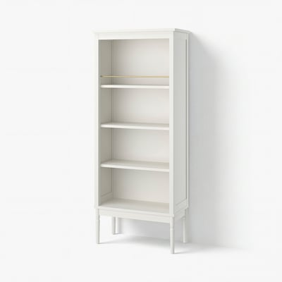 White FÄRJKARL bookcase, 3 shelves, brass rail, turned legs.