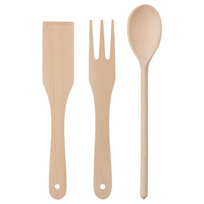 Wooden cooking utensils set: spatula, fork, spoon. Natural beech colour. Rounded handles, non-stick safe.