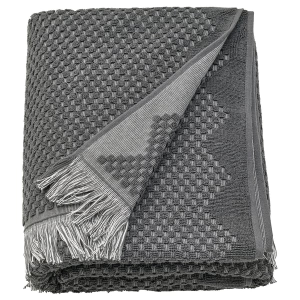 FJÄLLSTARR grey boho towel with fringe, woven cotton, rectangular, double-sided.