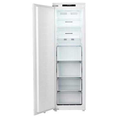 White upright freezer with four shelves, open door, no frost system.