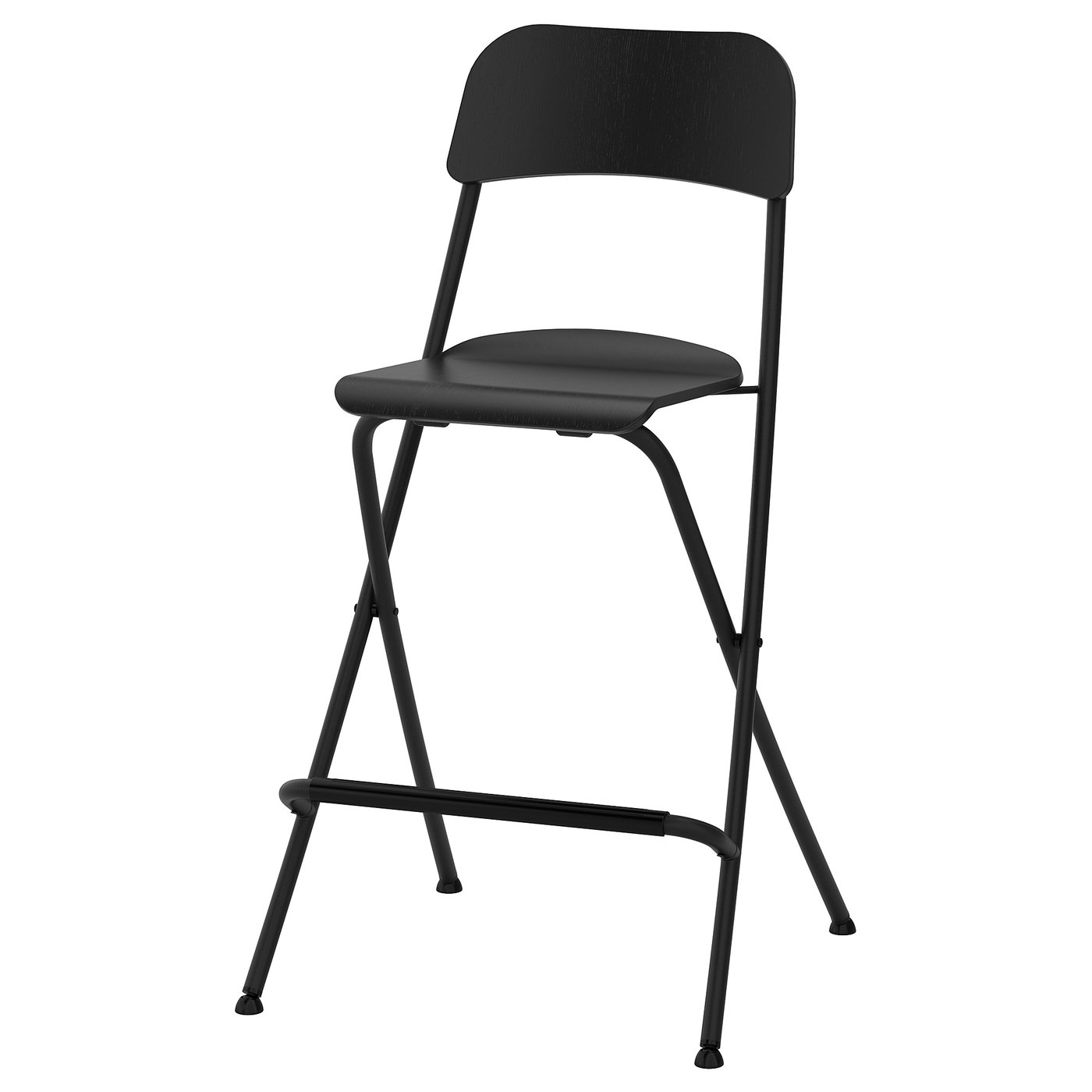 Black FRANKLIN bar stool with metal legs, backrest, and plastic footrest. Foldable design for easy storage.