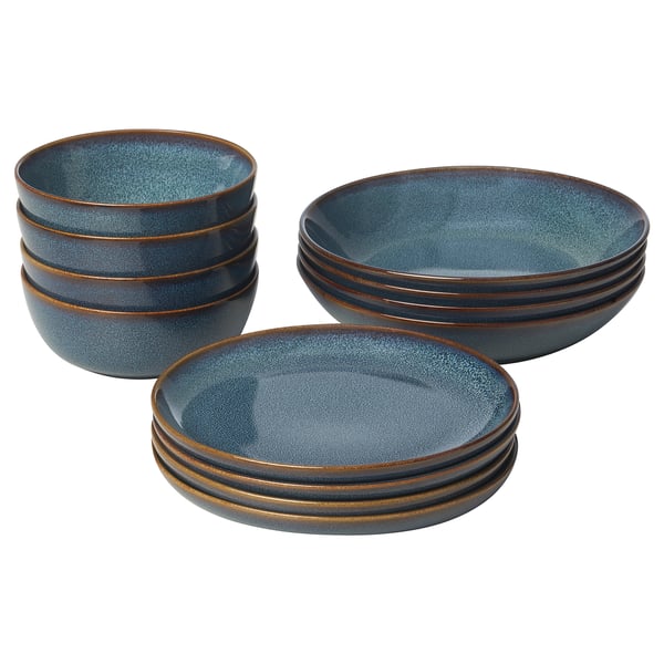GLADELIG: ocean-blue glazed plates/bowls, stoneware with golden-brown rim, classic round shape, crafted look.