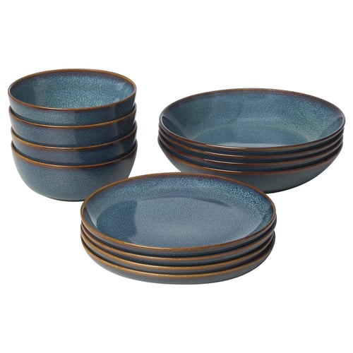 GLADELIG: ocean-blue glazed plates/bowls, stoneware with golden-brown rim, classic round shape, crafted look.