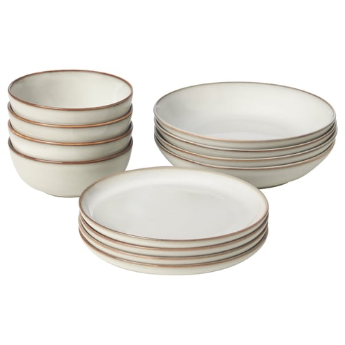 GLADELIG dishes in light tan colour, made from stoneware, featuring classic shapes and decorative design.