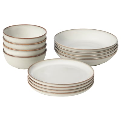 GLADELIG dishes in light tan colour, made from stoneware, featuring classic shapes and decorative design.