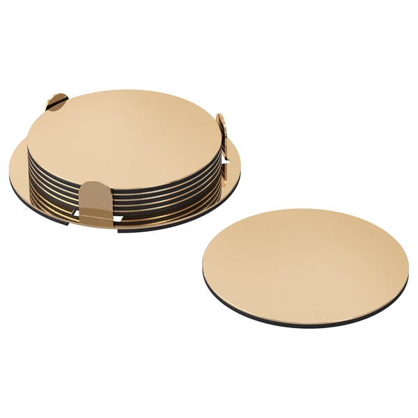 GLATTIS gold metallic coasters, round, six in holder, one separate, stainless steel and eva plastic.