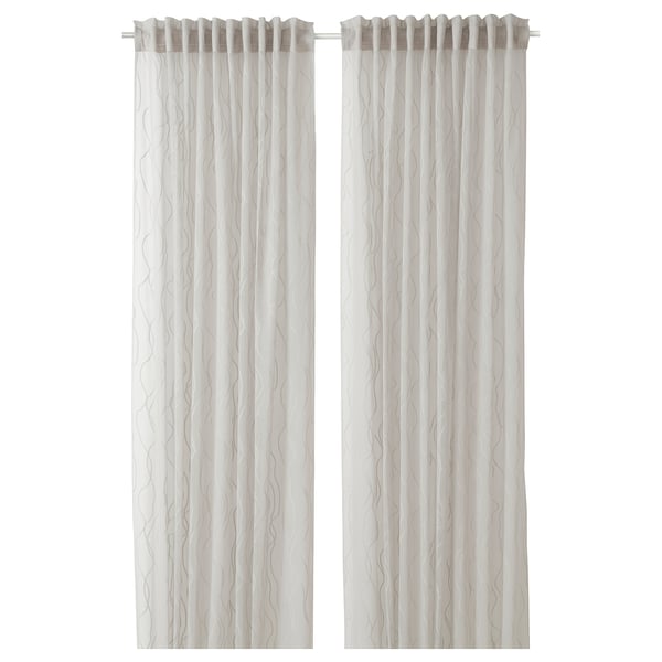 GLESGRÖE sheer curtains in grey, featuring a wave pattern, made from recycled polyester, hang straight.