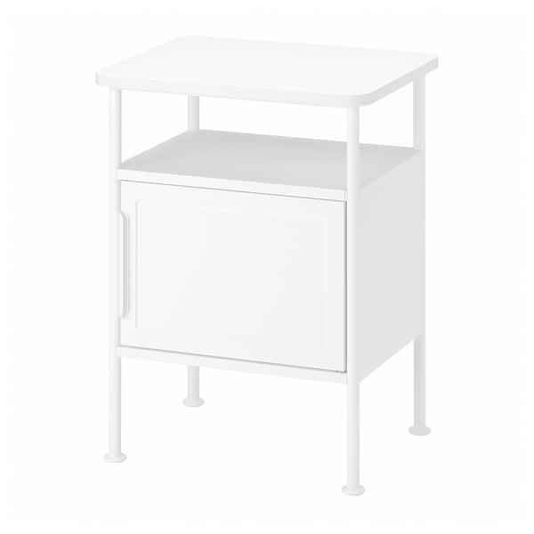 GRÅFJÄLLET white bedside table with open shelf and cabinet, metal legs, industrial design.