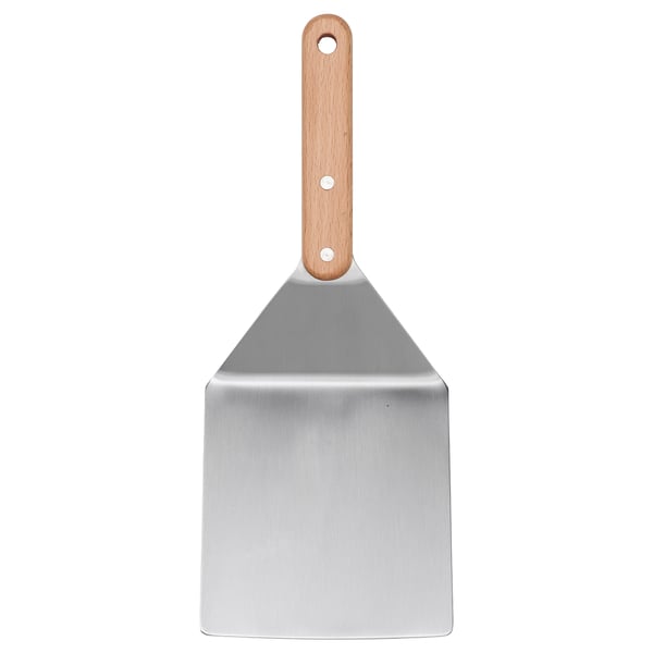 GRILLTIDER metal spatula, silver, beech handle, flat with hole in handle.