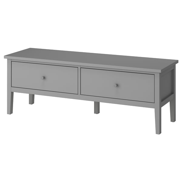 This image a grey GULLABERG storage bench, with two spacious drawers and wooden knobs, designed in a traditional style for hallway or bedroom use.