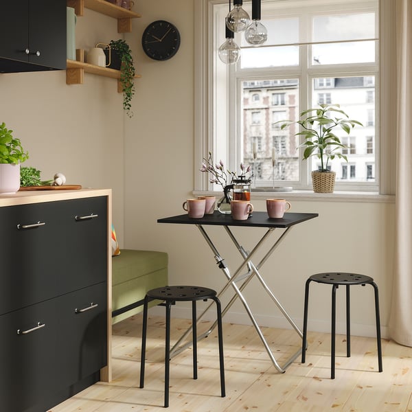 GUNDE / MARIUS Table and 2 stools, folding black/black, 67x67 cm