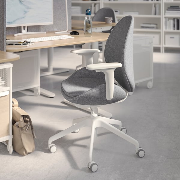 Modern office chair, HATTEFJÄLL, grey, fabric & plastic, ergonomic design, adjustable, swivel wheels.