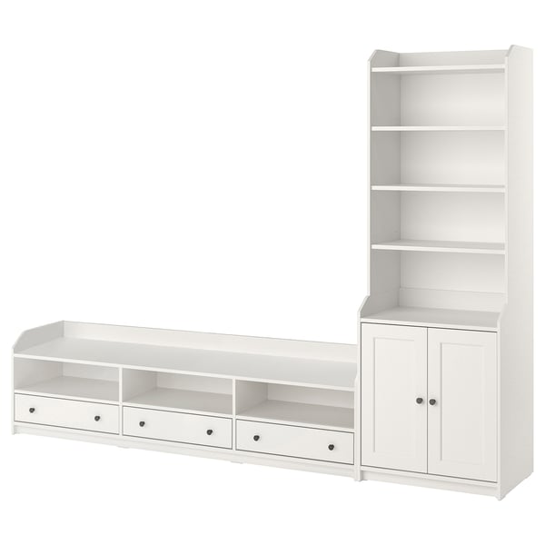 IKEA HAUGA storage combo: wide tv bench, shelf, tall cabinet. Sleek design.
