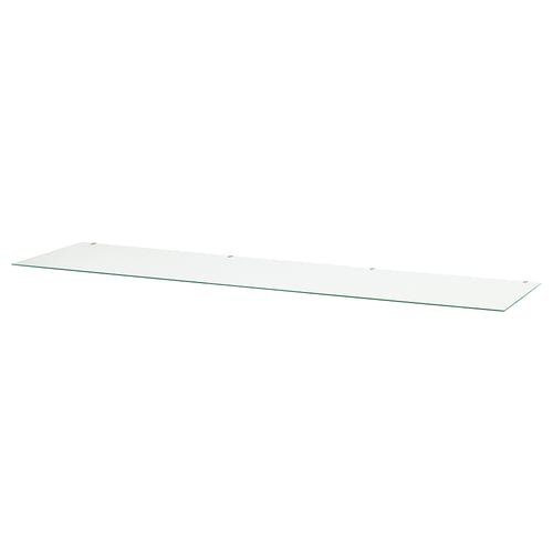 Clear glass table top, simple rectangle shape, smooth surface.