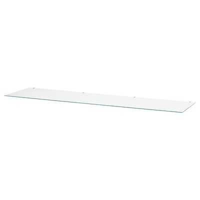 Clear glass table top, simple rectangle shape, smooth surface.