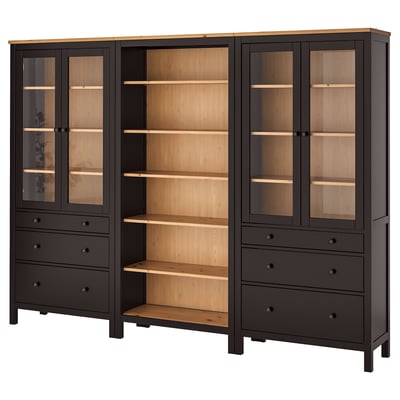 Black HEMNES storage unit: two glass-door cabinets on sides, four drawers, wooden shelves.