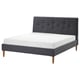 Dark grey IDANÄS bed frame with tufted headboard, wooden legs, and white mattress.