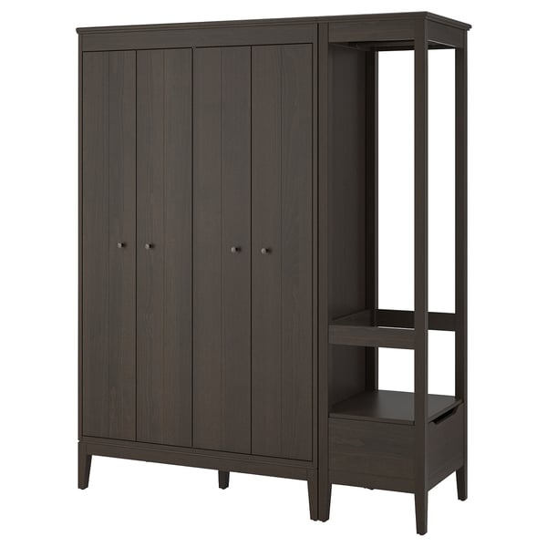 IDANÄS wardrobe: dark brown, wood, 4 doors, open shelves, modern design.