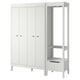 A white IDANÄS wardrobe set with folding doors, adjustable shelves, and a combination of closed and open storage.