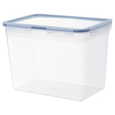 Clear plastic square container with blue lid, stackable, for food storage, by IKEA.