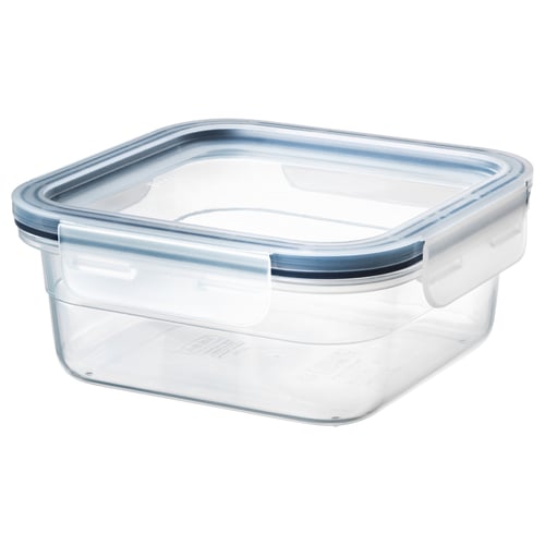 IKEA 365+ clear square plastic food container with blue lid, snap-lock design.
