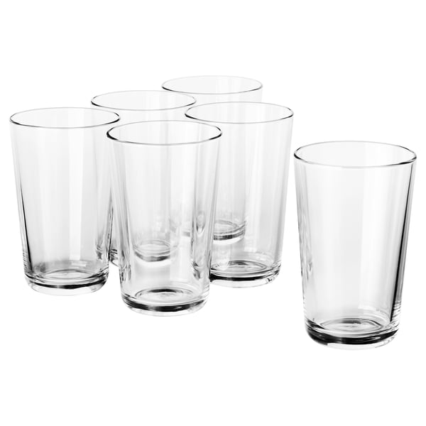 Six clear glasses. Transparent, tempered, timeless design. Ideal for drinks.