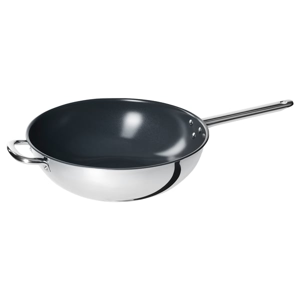 IKEA 365+ non-stick wok. Silver wok with black interior, stainless steel handles. Rounded shape. Ideal for stir-frying.