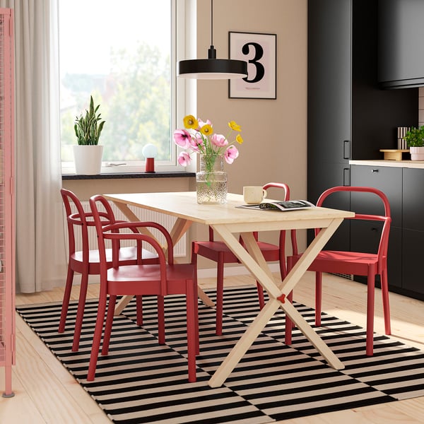 IKEA PS 2026 / STOCKHOLM 2025 Table and 4 chairs, pine/red, 156x75 cm