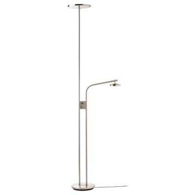 A silver ISJAKT floor lamp with adjustable reading light and uplighter.